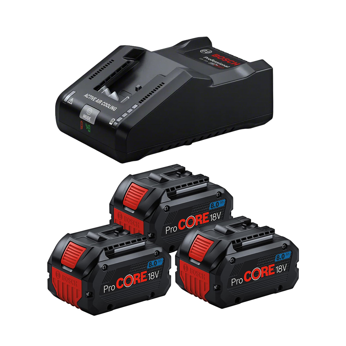 Bosch Professional ProCORE18V 8.0Ah Battery Set – 3 Batteries with GAL 18V‑160 Fast Charger